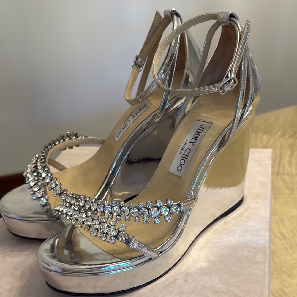 Jimmy Choo silver/crystals platform sandals in very good condition